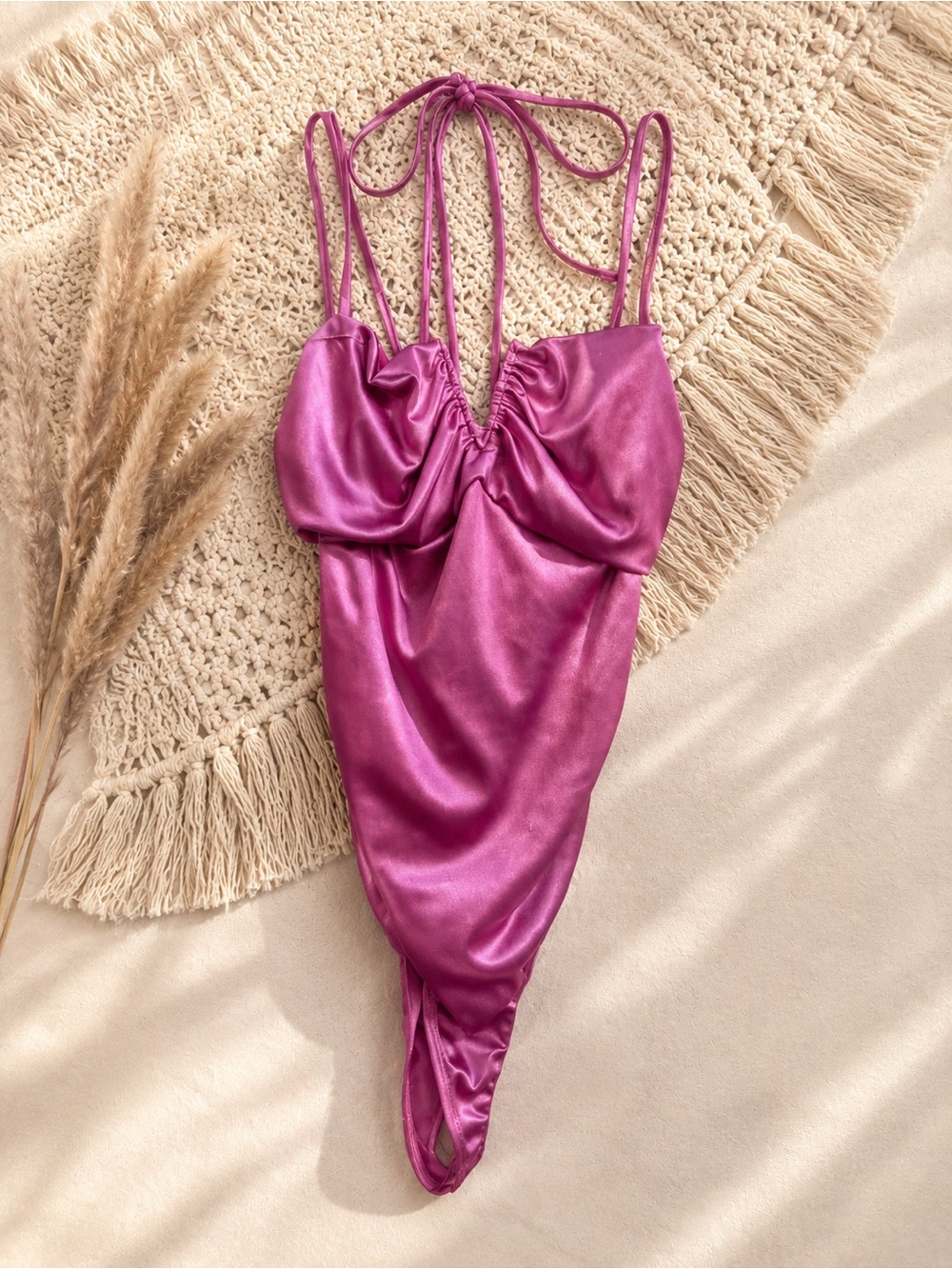 Timing Fuchsia Satin Halter Tie-Back Bodysuit